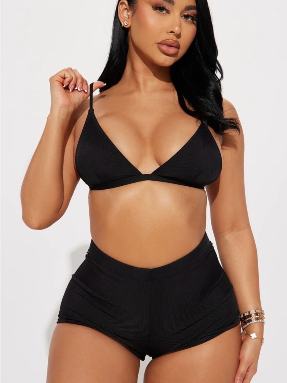 Fashion Nova Black Ribbed Triangle Bikini Top & High-Waist Bottoms